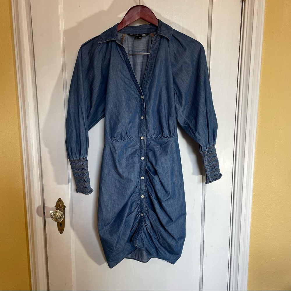 VERONICA BEARD Chambray Denim Ruched Puff Long Sleeve Smocked Cuff Shirt Dress 2